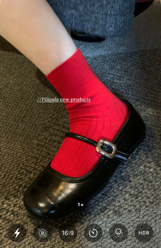 “迷人的红袜子”正红色纯色竖条纹中筒堆堆袜纯棉袜子女全棉