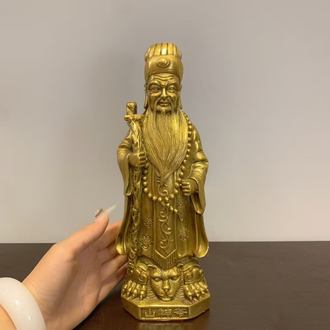 铜山神爷铜像摆件纯黄铜虎头山神站像土地爷家居佛堂桌面工艺品