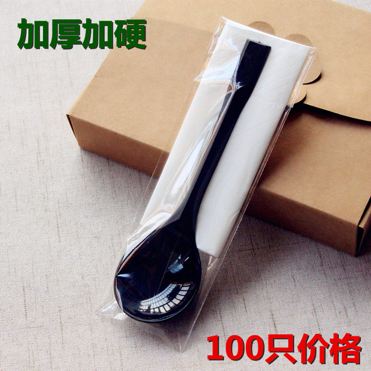 一次性勺子高档加厚黑色圆头勺大头勺饭勺甜品勺芋圆勺可配餐巾纸