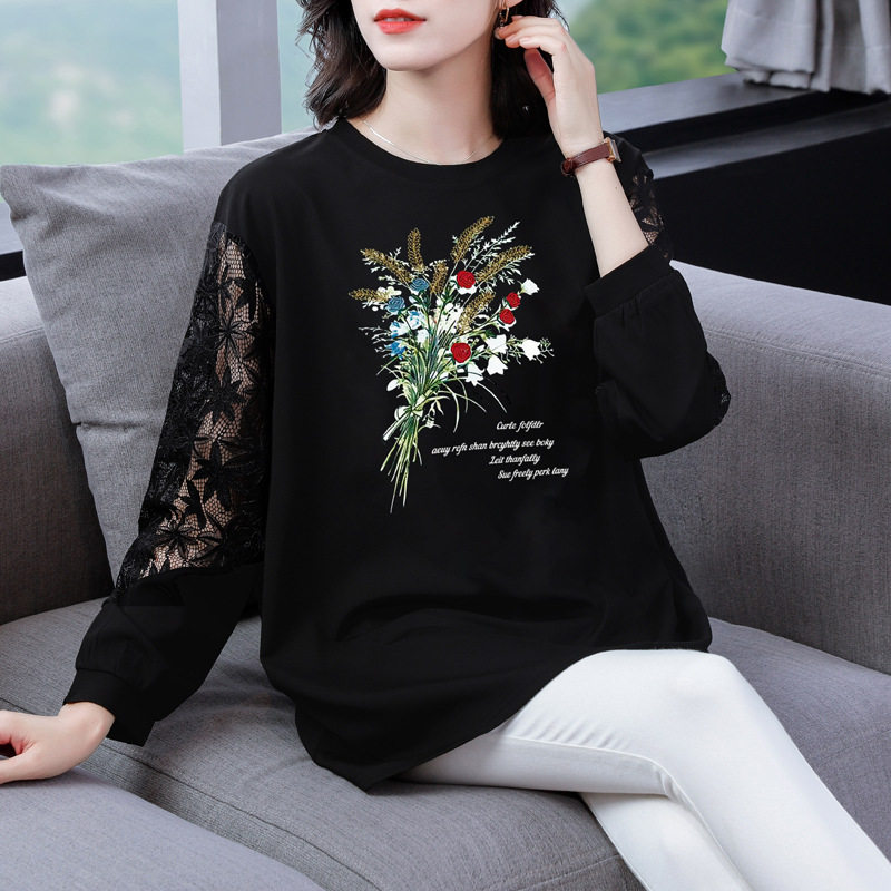 大码女装2023春秋蕾丝拼接T恤中