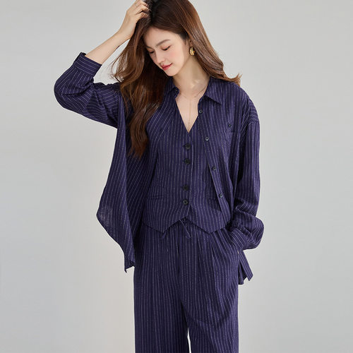 25严选新定织条纹亚麻复古老钱V