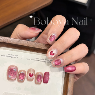 冰封蝴蝶玫瑰色冰透高级心形猫眼少女心梦幻2026款手工穿戴甲短款