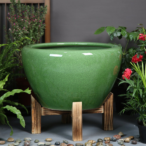 陶瓷鱼缸大型门面聚宝盆落地古法养观背鱼缸荷花缸仿古沉香木水缸