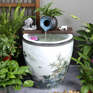 流水循环禅意鱼缸加湿茶室老式古法过滤水缸喷泉门面乔迁礼荷花缸
