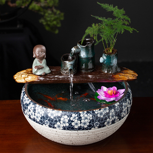 流水陶瓷鱼缸水循环增氧加湿器乔迁风水装饰水泵客厅摆件养金鱼缸