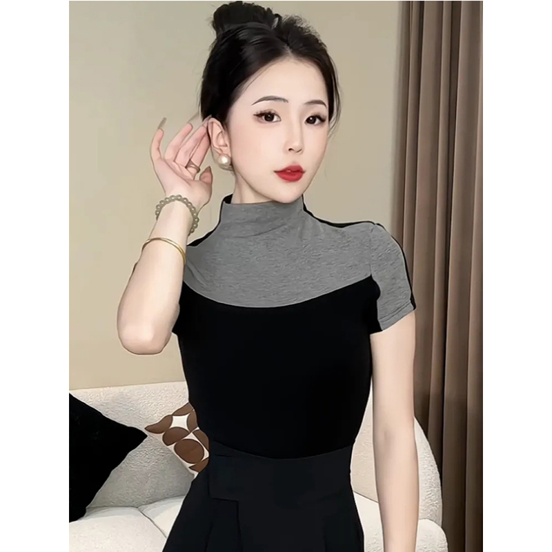 欧货时尚撞色半高领短袖t2025秋