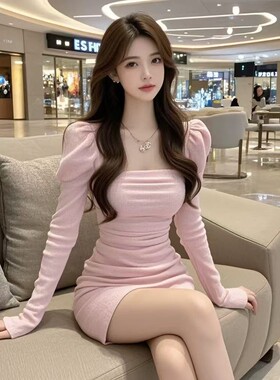 法式温柔风方领长袖连衣裙女秋冬纯欲洋气甜辣妹收腰显瘦包臀短裙