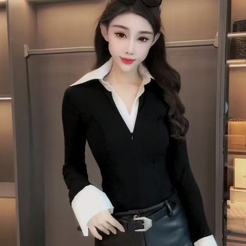 韩范翻领拼接长袖显瘦百搭上衣秋