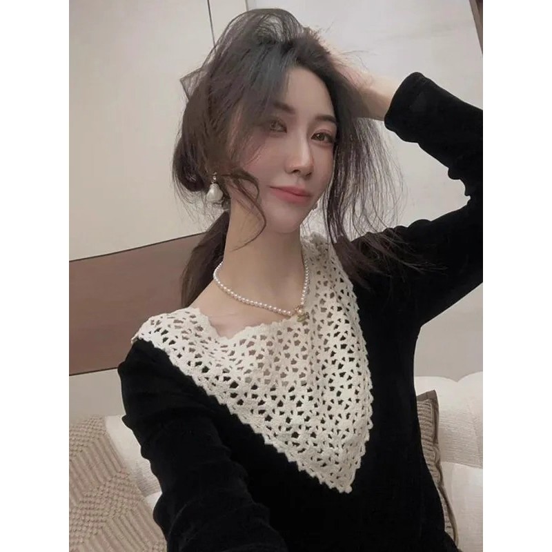 2025春秋新款韩版时尚网纱拼接长袖T恤女修身显瘦打底衫洋气上衣