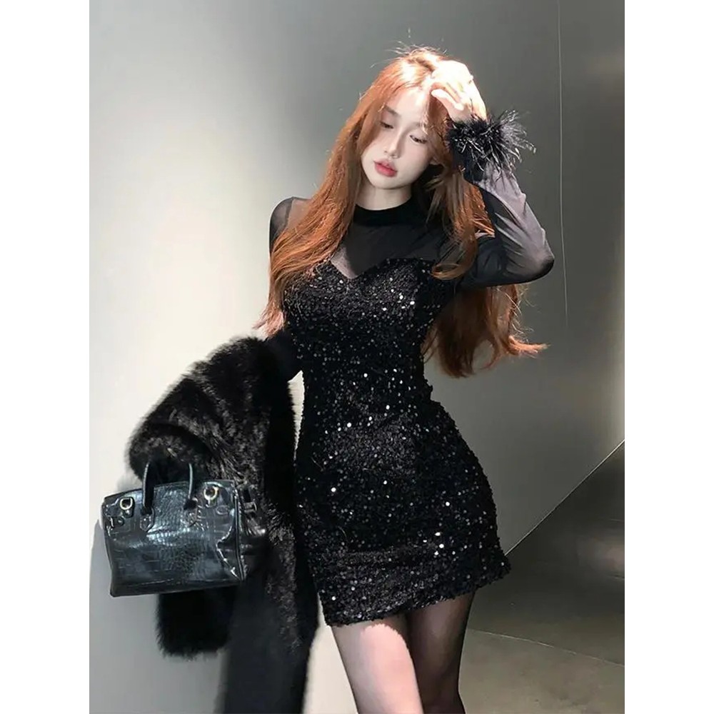 名媛小香风性感拼接闪闪亮片收腰显瘦包臀气质长袖连衣裙秋冬女装