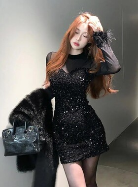 名媛小香风性感拼接闪闪亮片收腰显瘦包臀气质长袖连衣裙秋冬女装
