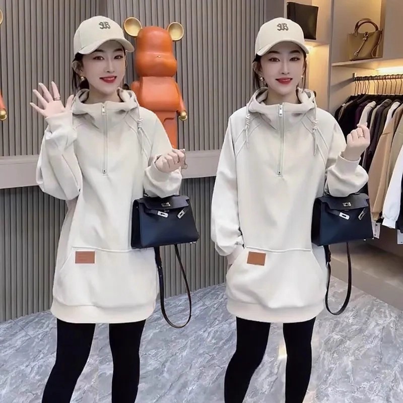 加绒加厚贴标口袋拉链连帽卫衣女2025秋冬新款气质遮肉中长款上衣