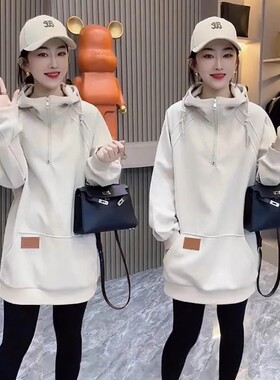 加绒加厚贴标口袋拉链连帽卫衣女2025秋冬新款气质遮肉中长款上衣