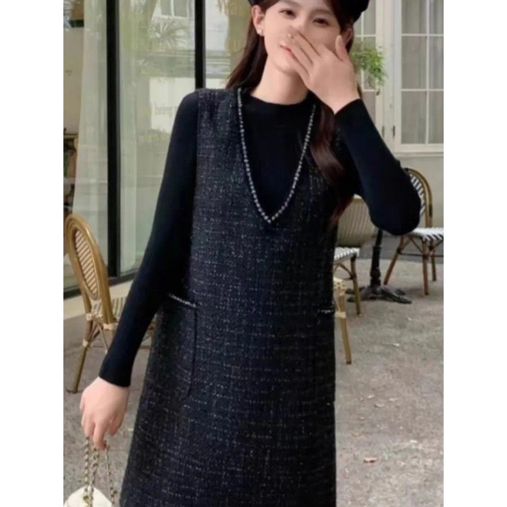 小香风气质显瘦马甲背心连衣裙女秋冬内搭T恤高级感名媛两件套装