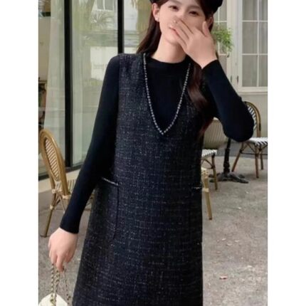 小香风气质显瘦马甲背心连衣裙女秋冬内搭T恤高级感名媛两件套装
