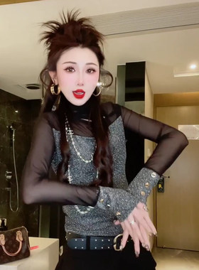 纯欲风重工烫钻网纱拼接长袖T恤女秋冬新款修身显瘦百搭打底上衣