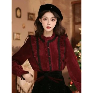 女上衣秋冬加厚衬衣复古港风穿搭套装 轻奢高级感气质时尚 红色衬衫