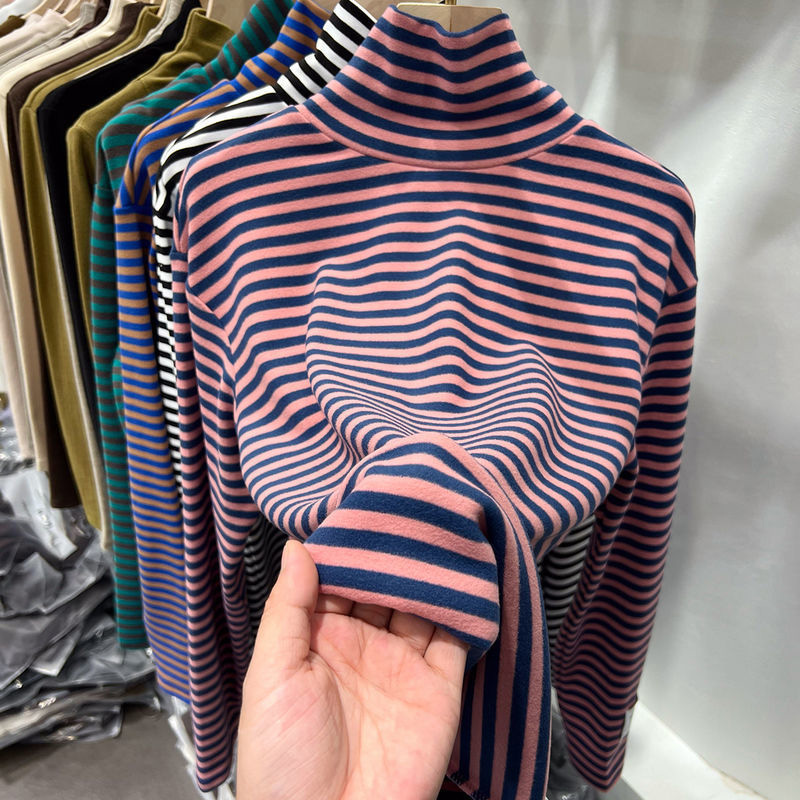 条纹长袖t恤女2025秋冬新款加绒