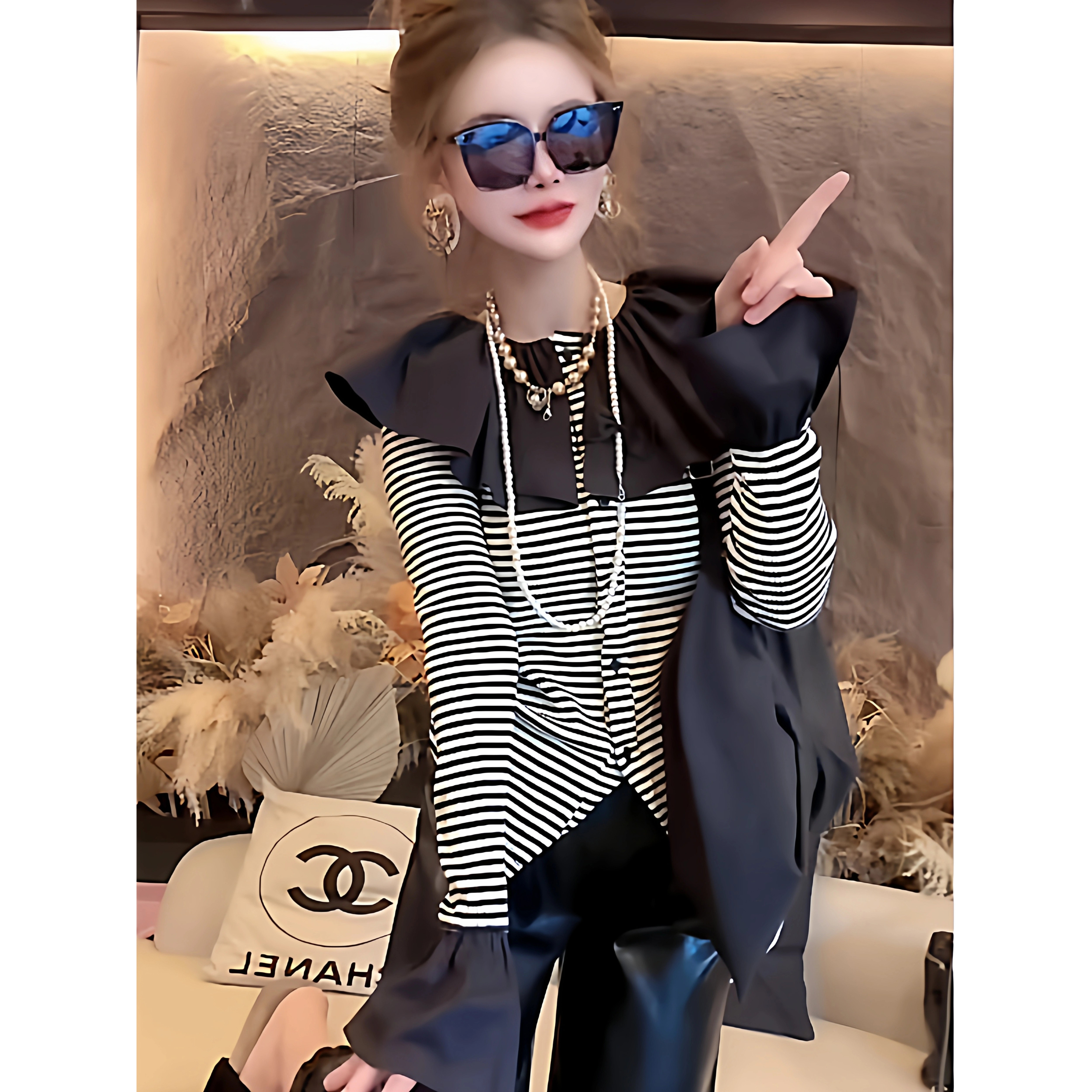 2025秋冬新款韩版接荷叶边显瘦圆领长袖T恤女宽松休闲打底衫上衣