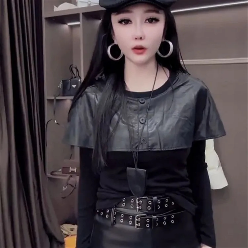 韩版时尚拼接斗篷长袖T恤女2025秋冬新款修身显瘦内搭打底衫上衣