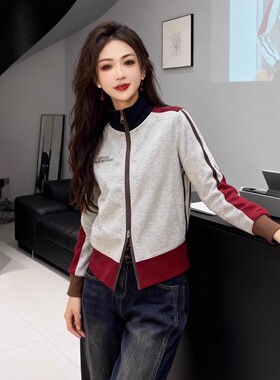 复古运动风撞色拼接立领短外套女秋冬新款设计感百搭减龄时尚上衣