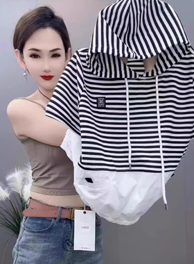条纹短袖T恤女2026夏季新款时尚假两件连帽卫衣宽松显瘦半袖上衣