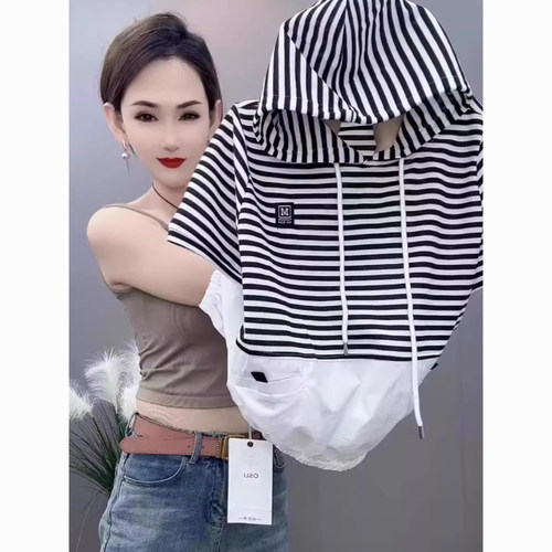 条纹短袖T恤女2026夏季新款时尚假两件连帽卫衣宽松显瘦半袖上衣
