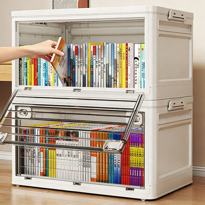 可折叠书本收纳箱学生教室装书籍整理储物书箱带盖塑料透明带滑轮