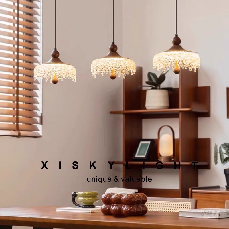 水滴胡桃木纹多头小吊灯法式复古