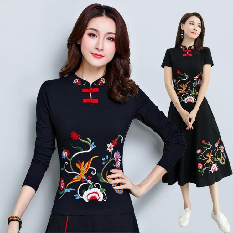 刺绣花民族风女装复古唐装女长袖/短袖T恤衫中国风盘扣小立领大码