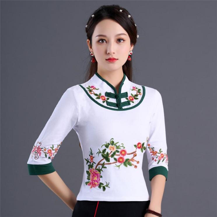 民族风女装绣花七分袖刺绣棉t恤打底衫上衣春夏秋季新品女中国风T
