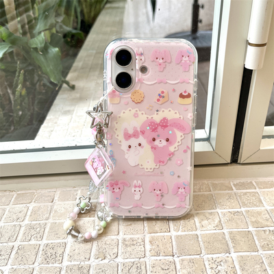 日韩ins少女心可爱甜品爱心啵啵兔17p苹果13适用手机壳iphone16promax新款15双层14pro带链条全包防摔保护套