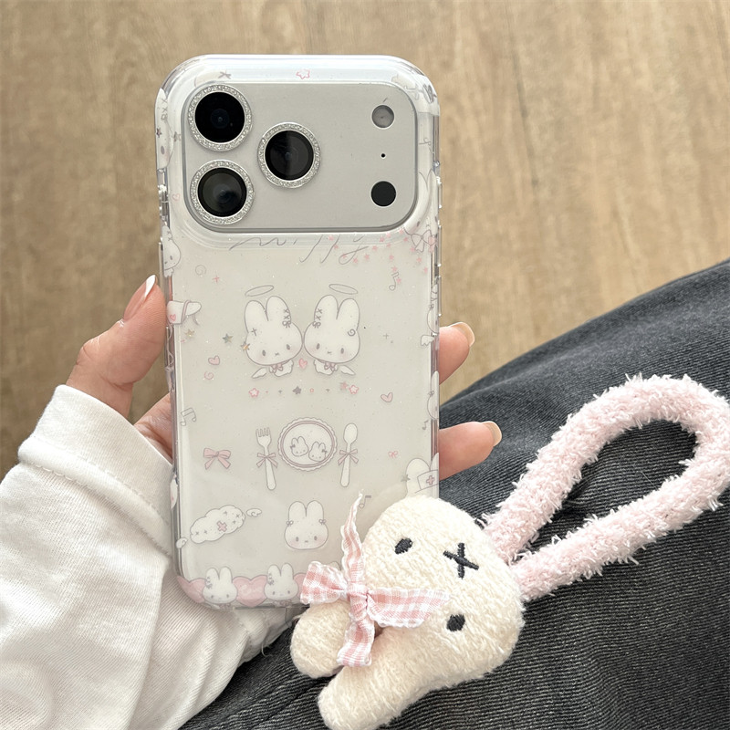 韩风ins少女心闪粉可爱天使兔子适用苹果13手机壳16promax新款iphone17pro毛绒公仔手绳15双层14保护套全包潮