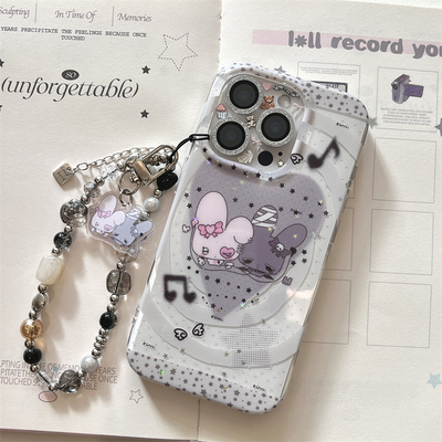 韩系ins黑暗少女可爱爱心双子星兔子适用17苹果15闪粉手机壳iphone16ProMax新款带链条双层14创意全包保护套