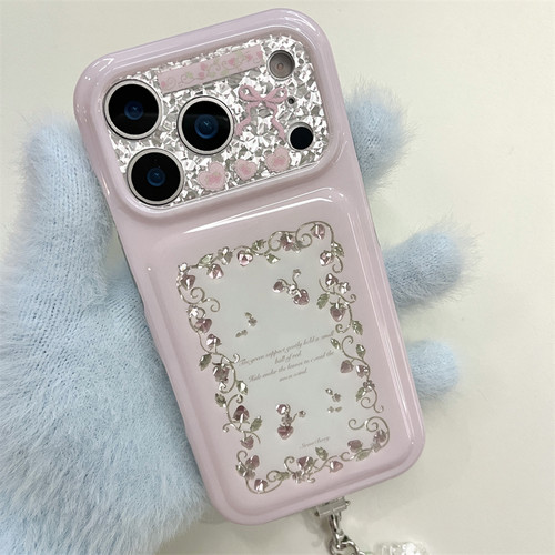 ins甜美少女心闪钻藤蔓小草莓适用苹果17promax手机壳16pro新款带链条iphone18pro女款创意15p全包双层手机套