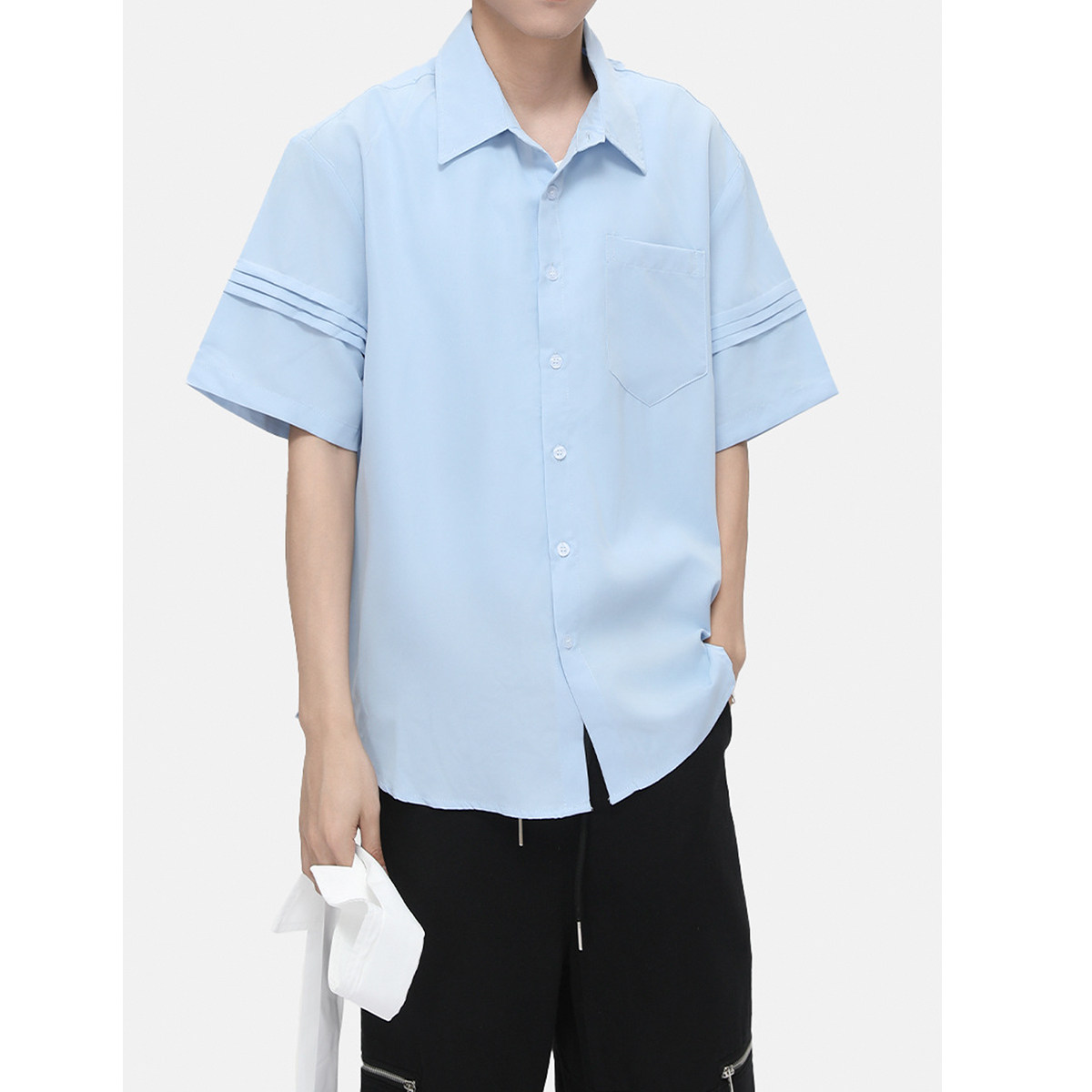 2025夏季新款潮流小众领带假两件宽松短袖衬衫男士简约休闲上衣潮