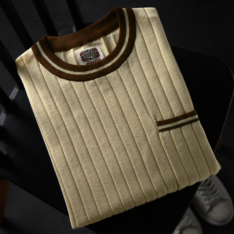 阿美咔叽美式复古针织男士短袖T恤纯棉厚圆领休闲撞色口袋打底衫