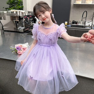 新款 女童连衣裙夏装 公主裙儿童时髦洋气蓬蓬裙小女孩紫色礼服裙子