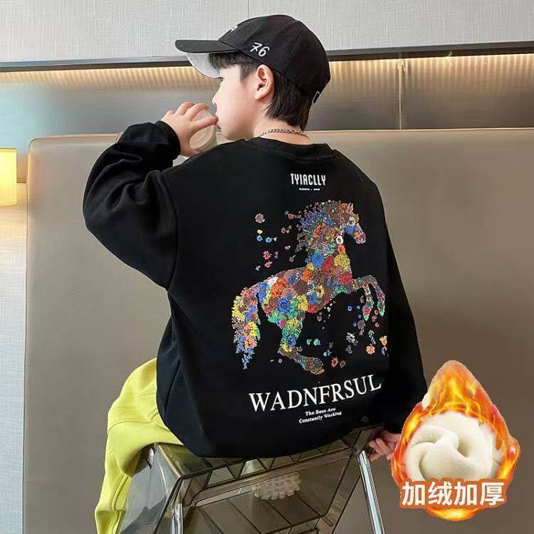 秋冬装新款男童纯棉加绒保暖卫衣男中大童时尚百搭印花长袖上衣男