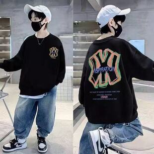 中大童男装秋冬款加绒加厚卫衣男时尚帅气百搭男童圆领打底上衣潮