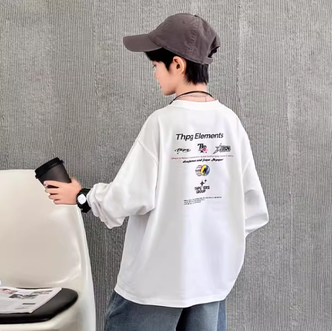 春秋新款男童薄款纯棉长袖T恤早秋中大童时尚百搭宽松上衣打底衫