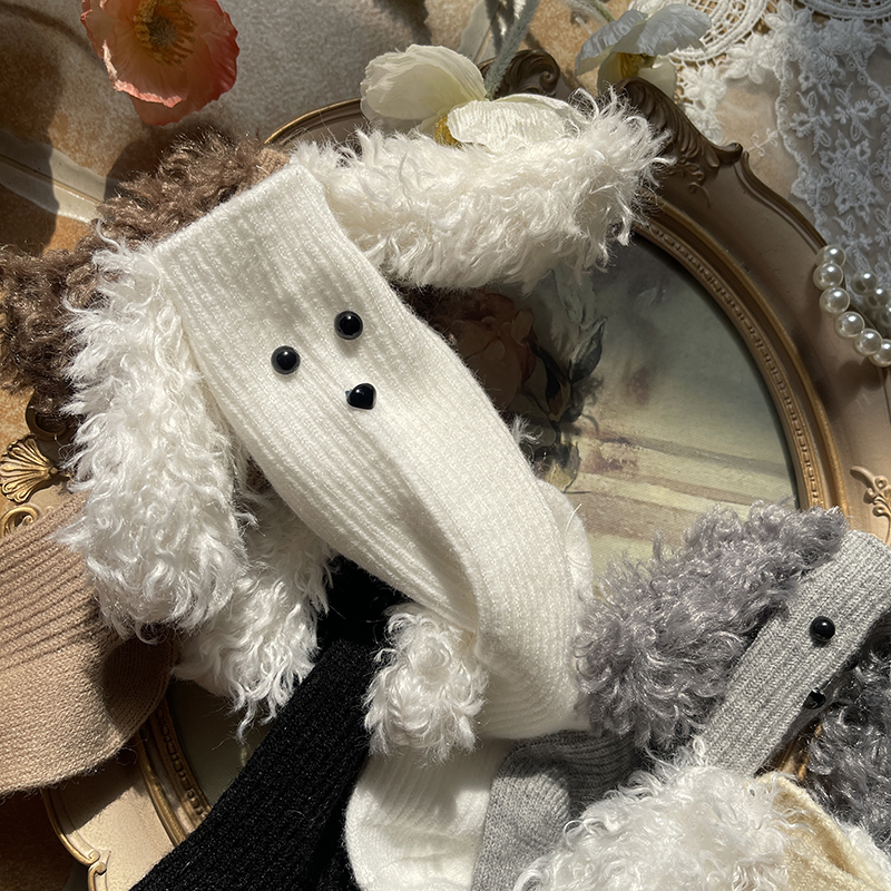 袜贵人新品冬季卷毛大耳细狗可爱少女软妹羊绒短袜堆堆袜女