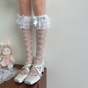 袜贵人春夏新品条纹绑带水晶长筒洛丽塔大花边蝴蝶结少女玻璃丝袜