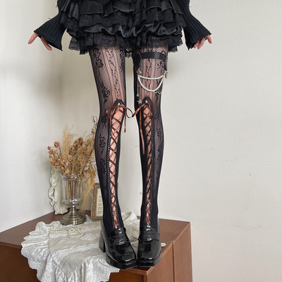 袜贵人新品千禧年Y2K辣妹亚文化时髦蕾丝棕色芭蕾舞绑带蕾丝裤袜