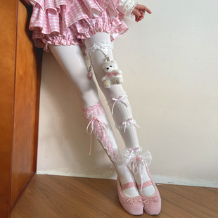 袜贵人新品 Y2K辣妹音乐节少女洛丽塔叠穿绑带小熊花边袜 秋冬新品