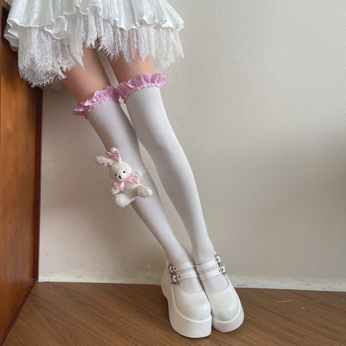 袜贵人新品梦幻兔格子花边doll感蝴蝶结过膝长筒洛丽塔jk大腿袜女