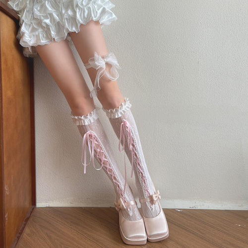 袜贵人新品粉色奶油芭蕾风绑带蝴蝶结洛丽塔少女花边中筒蕾丝袜女