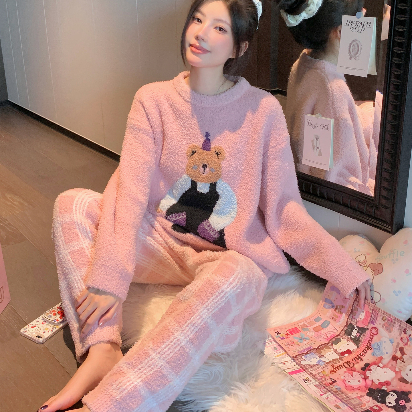 睡衣女冬软绵绵半边绒
