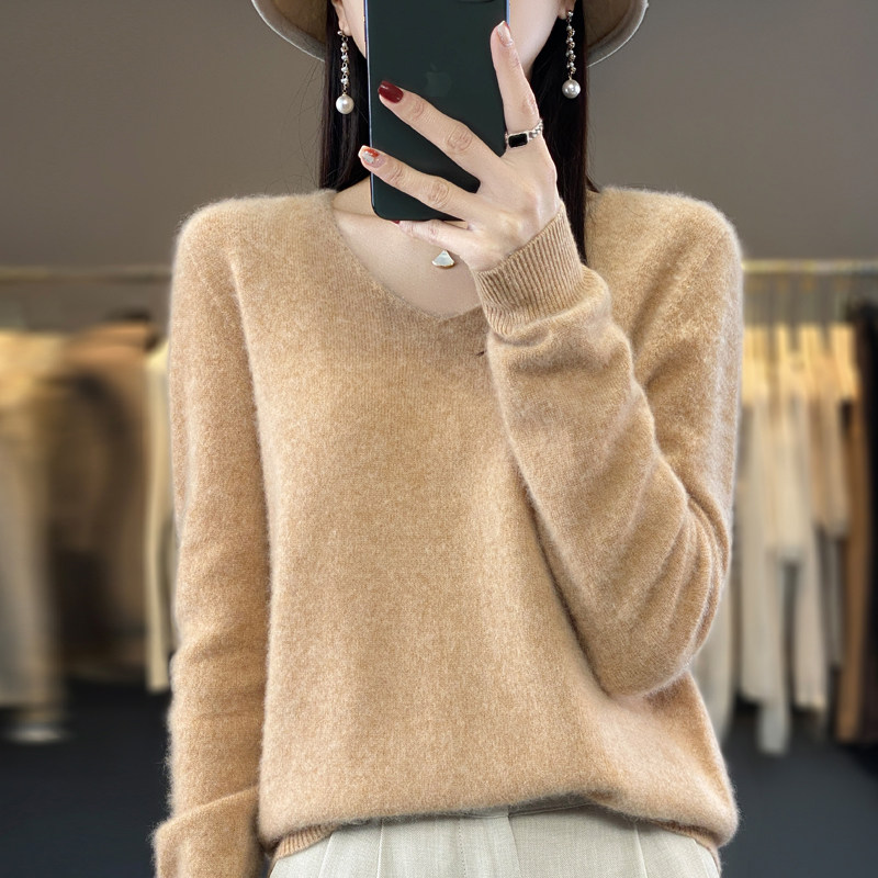 一线成衣无缝鸡心V领羊毛衫女套头秋冬毛衣修身百搭针织打底