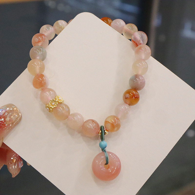 天然冰透樱花玛瑙手链女款简约盐源新中式平安扣兔子圆珠手串